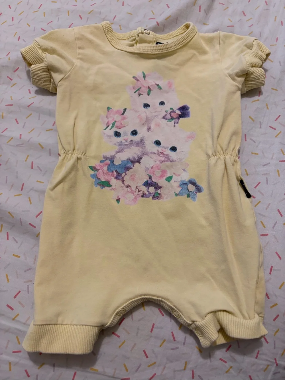 Rock Your Baby Pale Yellow Kitten Graphic One-Piece Romper